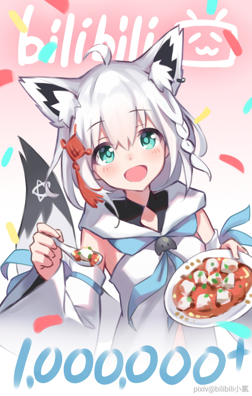 1girl :d absurdres ahoge animal_ear_fluff animal_ears armband bilibili_xiaolu blue_eyes braid chinese_commentary detached_sleeves fox_ears fox_girl fox_tail hair_between_eyes highres holding holding_plate holding_spoon hololive milestone_celebration open_mouth plate shirakami_fubuki shirt short_hair smile solo spoon tail virtual_youtuber white_hair white_shirt white_sleeves