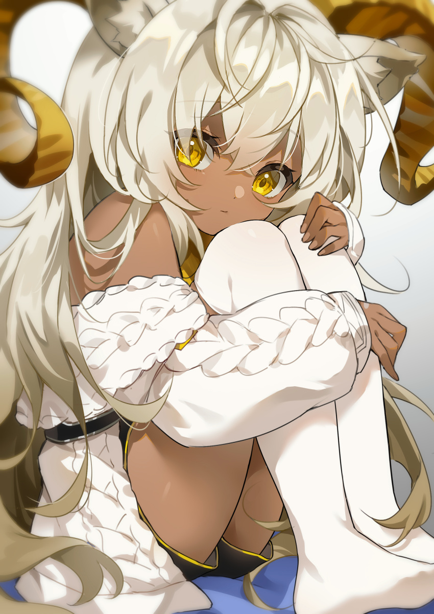 1girl absurdres animal_ears arknights bangs bare_shoulders beeswax_(arknights) blurry cat_ears closed_mouth commentary_request curled_horns dark-skinned_female dark_skin depth_of_field gold_horns hair_between_eyes highres horns hugging_own_legs kemonomimi_mode long_hair long_sleeves looking_at_viewer off_shoulder shao_(shaorouhong) shorts sitting solo sweater very_long_hair white_hair white_legwear yellow_eyes younger