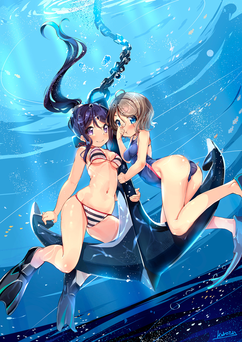 2girls air_bubble anchor ass bangs bikini blush breasts brown_hair bubble closed_mouth flippers floating_hair highres holding_breath holding_nose kurozu long_hair looking_at_viewer love_live! love_live!_sunshine!! matsuura_kanan medium_breasts multiple_girls navel one-piece_swimsuit ponytail purple_hair short_hair small_breasts swimsuit underwater violet_eyes watanabe_you
