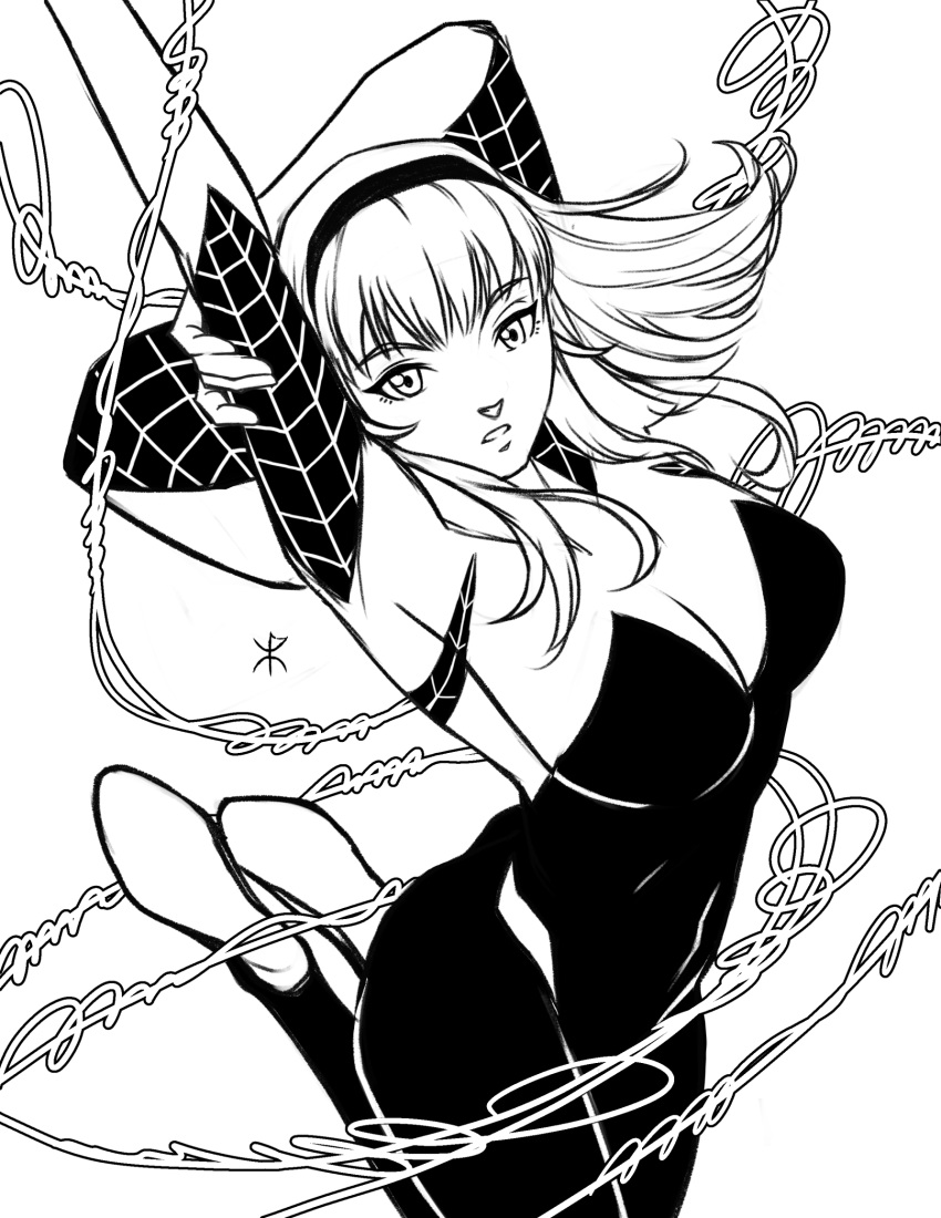 apoloniodraws arthropod_girl bow breasts greyscale gwen_stacy hair_bow highres marvel medium_hair monochrome silk spider_girl spider_web superhero swinging