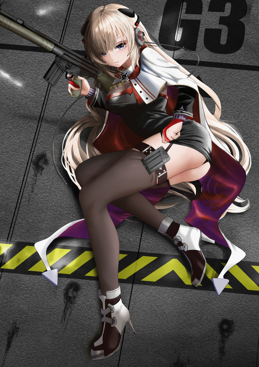 1girl absurdres alternate_costume ass battle_rifle black_dress black_legwear blonde_hair breasts character_name cloak closed_mouth dress eyebrows_visible_through_hair floor g3_(girls_frontline) garter_straps gibun_(sozoshu) girls_frontline gun h&amp;k_g3 headphones high_heels highres holding holding_weapon long_hair looking_at_viewer lying medium_breasts on_floor on_side panties pantyshot rifle solo thigh-highs thighs underwear unhappy violet_eyes weapon white_cloak white_footwear