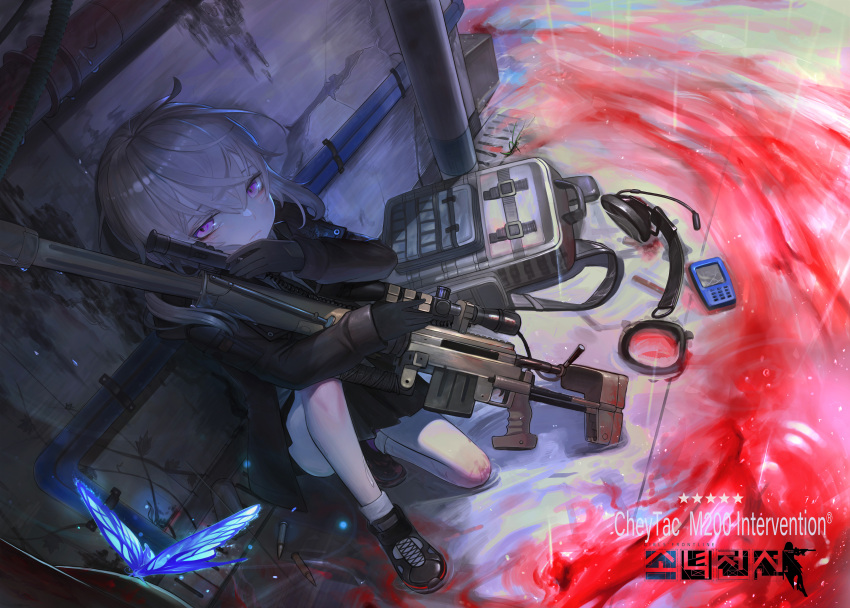 1girl absurdres backpack backpack_removed bag black_gloves blood bolt_action bug butterfly character_name cheytac_m200 commentary_request copyright_name full_body girls_frontline gloves grey_hair gun headset highres holding holding_gun holding_weapon insect jacket kneeling korean_commentary long_sleeves looking_at_viewer m200_(girls_frontline) messy_hair pinion rain rifle scope shoes skirt sniper_rifle solo violet_eyes weapon