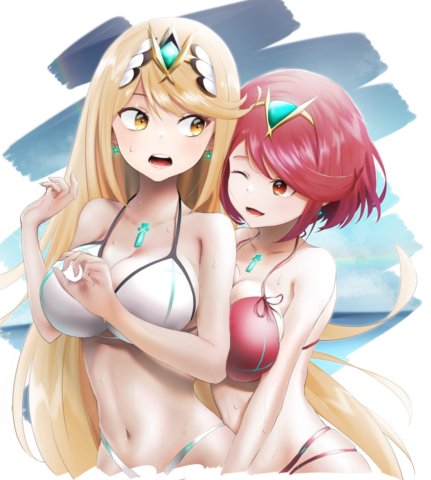 2girls absurdres beach bikini blonde_hair breasts chest_jewel earrings gem highres jewelry large_breasts lilcat long_hair multiple_girls mythra_(xenoblade) pyra_(xenoblade) red_eyes redhead short_hair swimsuit tiara xenoblade_chronicles_(series) xenoblade_chronicles_2