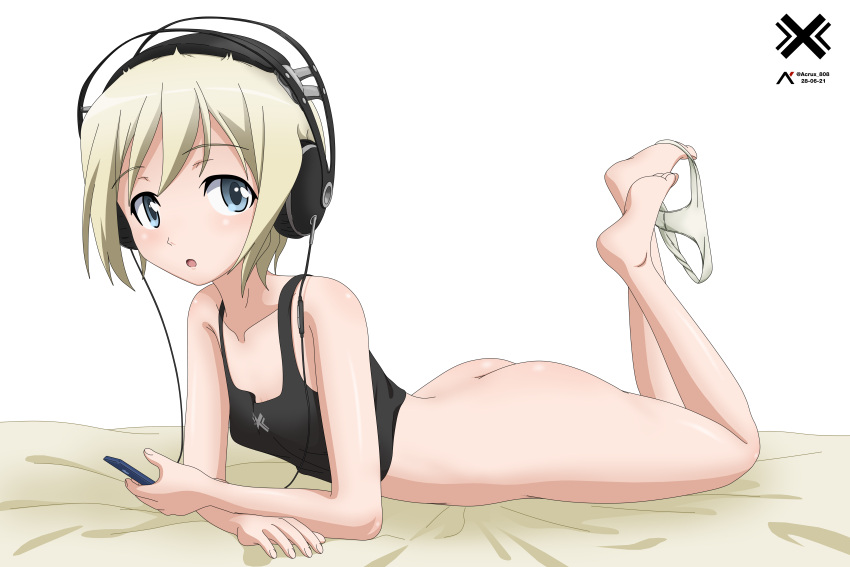 1girl absurdres ass black_tank_top blonde_hair blue_eyes blush breasts collarbone erica_hartmann eyebrows_visible_through_hair headphones highres looking_at_viewer open_mouth panties panties_removed shiny shiny_hair shiny_skin short_hair simple_background small_breasts solo strike_witches tank_top underwear white_background white_panties world_witches_series