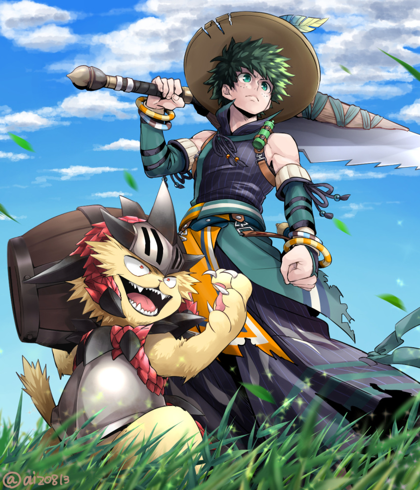 1boy animal armor bakugou_katsuki bare_shoulders barrel boku_no_hero_academia breastplate cat claws clenched_hand closed_mouth clothing_request clouds commentary_request copyright_request day detached_sleeves fangs from_below grass green_eyes green_hair hat hat_feather helmet highres holding holding_sword holding_weapon horns male_focus midoriya_izuku open_mouth outdoors over_shoulder serious sharp_teeth short_hair sword teeth tonomayo torn_clothes twitter_username weapon weapon_over_shoulder