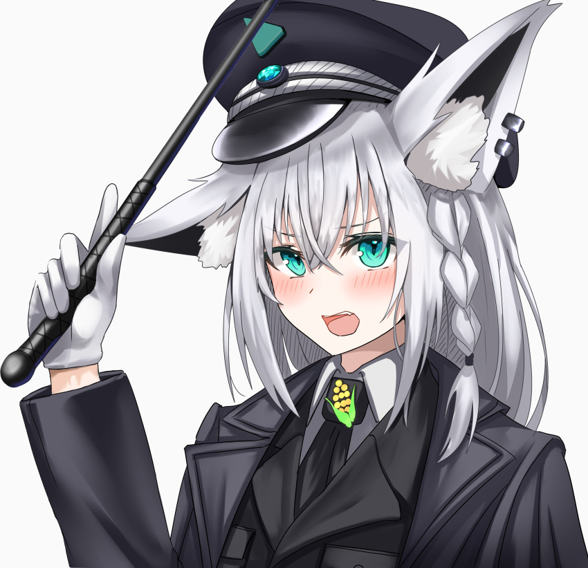 1girl absurdres animal_ear_fluff animal_ears arm_up bangs black_headwear black_jacket black_neckwear blush braid collared_shirt commentary_request earrings eyebrows_visible_through_hair fox_ears fox_girl gloves green_eyes hair_between_eyes hat highres holding hololive jacket jewelry long_hair long_sleeves looking_at_viewer micon necktie open_mouth peaked_cap shirakami_fubuki shirt sidelocks simple_background single_braid solo white_background white_gloves white_hair white_shirt