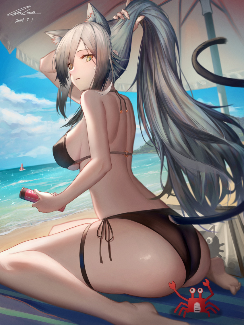 1girl absurdres animal_ear_fluff animal_ears arknights arm_up ass ass_cutout back bare_arms bare_shoulders barefoot beach beach_umbrella bikini black_bikini breasts bunching_hair cat_ears cat_girl cat_tail clothing_cutout covered_nipples crab day from_behind grey_hair halter_top halterneck highres ioriwu8 large_breasts legs long_hair looking_at_viewer looking_back ocean outdoors parted_lips revision schwarz_(arknights) shoulder_blades sitting sky solo strap_gap string_bikini sweatdrop swimsuit tail thigh_strap thighs umbrella very_long_hair wariza yellow_eyes