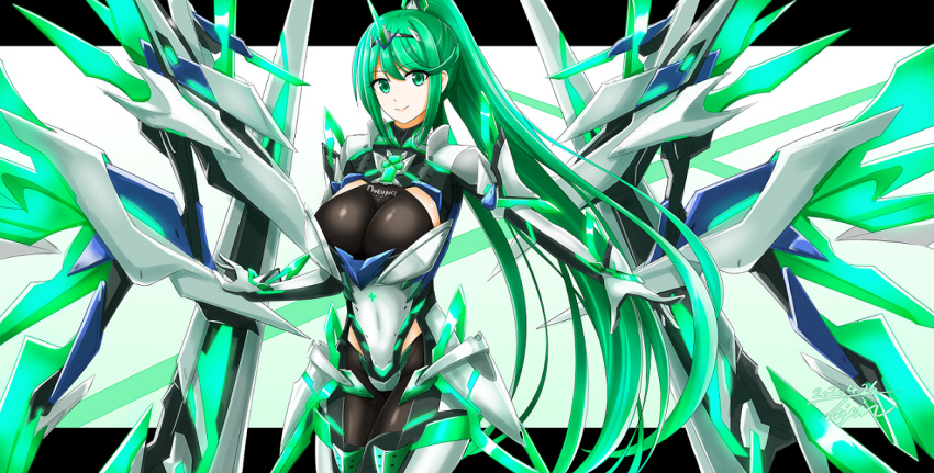 1girl bangs breasts chest_jewel earrings gloves greek_text green_eyes green_hair headpiece high_heels hisin jewelry large_breasts long_hair pneuma_(xenoblade) ponytail solo swept_bangs tiara very_long_hair wings xenoblade_chronicles_(series) xenoblade_chronicles_2
