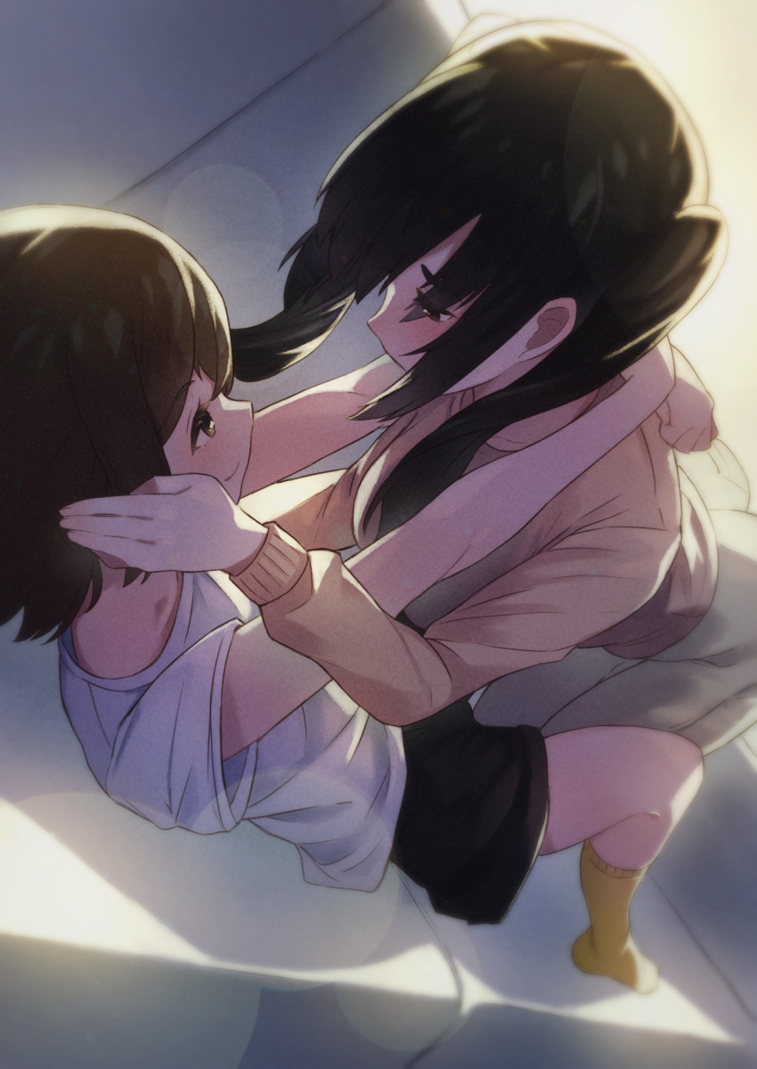 2girls all_fours ass bangs black_hair black_shorts blush brown_hair couch couple dutch_angle eichan_(eichanidfi) eye_contact eyebrows_visible_through_hair face-to-face grey_pants hand_on_another's_cheek hand_on_another's_face highres lens_flare long_hair long_sleeves looking_at_another lying multiple_girls on_back original pants shirt short_hair short_sleeves shorts smile sweater t-shirt twintails white_shirt yellow_sweater yuri