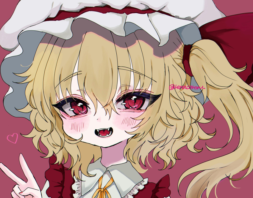 1girl :d bangs eyebrows_visible_through_hair flandre_scarlet hat hat_ribbon heart highres looking_at_viewer medium_hair mob_cap open_mouth red_background red_eyes red_ribbon renakobonb ribbon side_ponytail simple_background smile solo touhou twitter_username upper_body v white_headwear