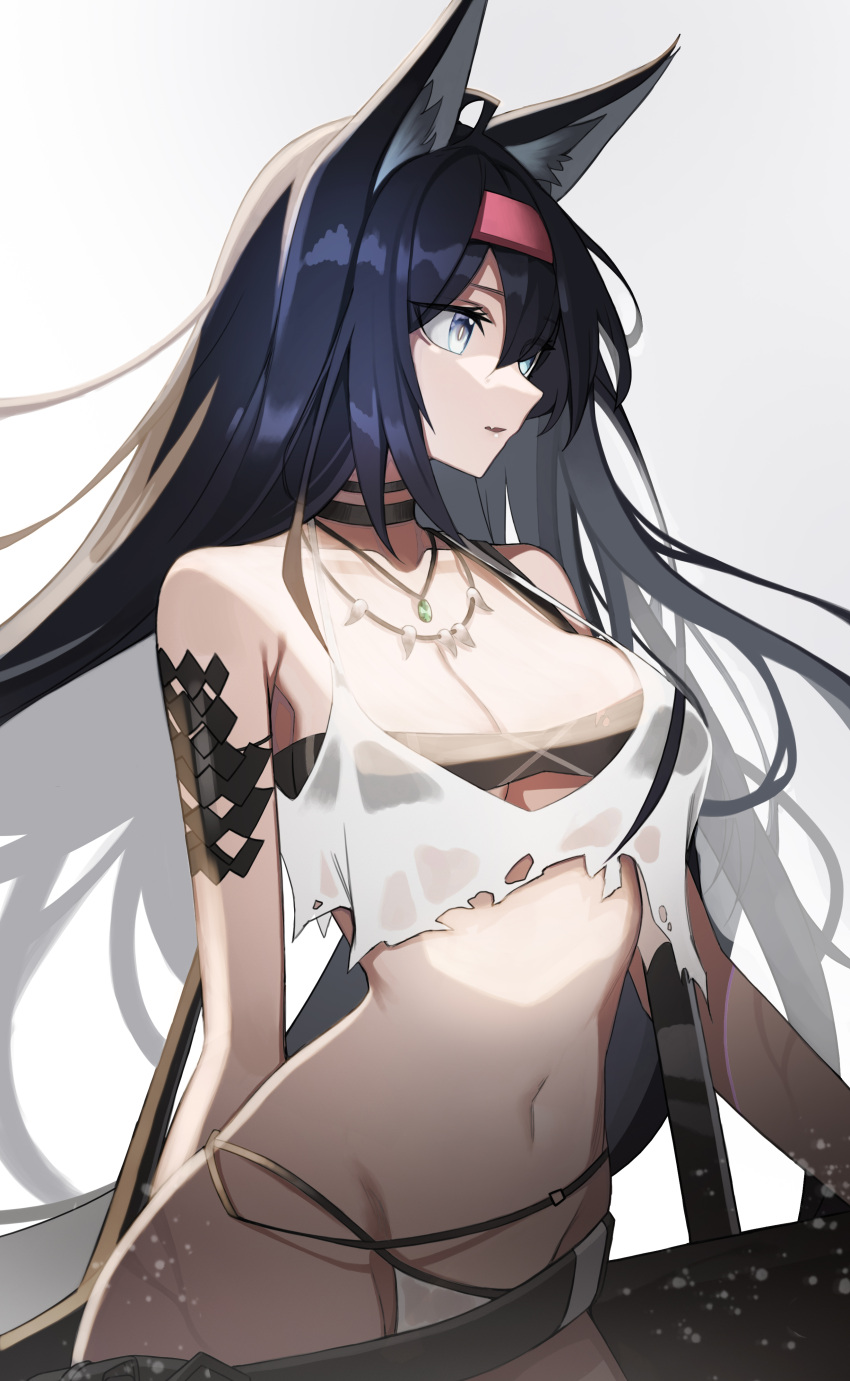 1girl absurdres animal_ears arknights arm_tattoo bikini bikini_bottom black_hair black_tubetop blaze_(arknights) blue_eyes cat_ears cat_girl eyebrows_visible_through_hair fang floating_hair hairband highres leaning_to_the_side long_hair looking_to_the_side midriff navel ness_(pjw0168) open_mouth red_hairband shoulder_strap solo strapless swimsuit tattoo tubetop white_bikini