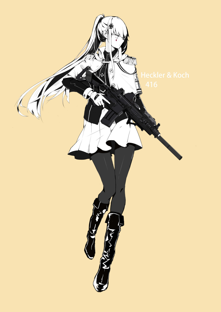 1girl absurdres assault_rifle black_footwear boots character_name cloak closed_mouth cross_hair_ornament eyebrows_visible_through_hair girls_frontline gloves greyscale gun h&amp;k_hk416 hair_ornament highres hk416_(girls_frontline) holding holding_weapon long_hair looking_away monochrome pantyhose ponytail rifle serious skirt solo standing umi_okami_kun uniform weapon yellow_background