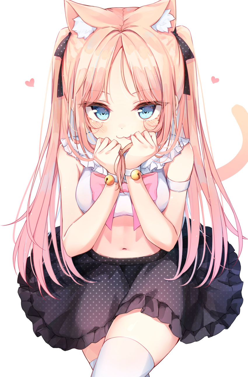 1girl :3 :p absurdres animal_ear_fluff animal_ears arm_strap bangs beliatan bell black_ribbon black_skirt blue_eyes blush breasts cat_ears cat_girl cat_tail commentary cowboy_shot crop_top eyebrows_visible_through_hair frilled_shirt_collar frilled_skirt frills hair_ribbon hands_on_own_face hands_up highres jingle_bell long_hair looking_at_viewer medium_breasts navel original parted_bangs pink_hair polka_dot polka_dot_ribbon polka_dot_skirt ribbon simple_background skirt solo standing stomach symbol_commentary tail tail_raised thigh-highs tongue tongue_out very_long_hair white_background white_legwear wristband