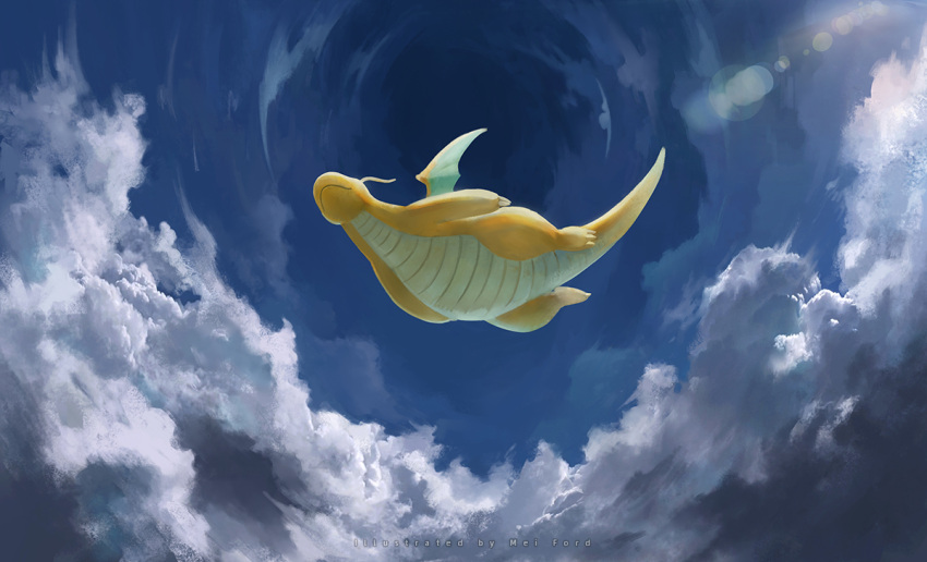 artist_name claws closed_mouth clouds commentary_request day dragonite flying from_below full_body gen_1_pokemon mei_ford no_humans outdoors pokemon pokemon_(creature) sky solo watermark