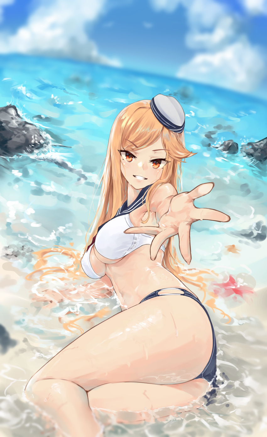 1girl absurdres ass beach blonde_hair blush breasts eyebrows_visible_through_hair girls_frontline hat highres long_hair looking_at_viewer lying m2hb_(girls_frontline) marrrrrr medium_breasts mole mole_under_eye on_side orange_eyes smile solo swimsuit thighs water