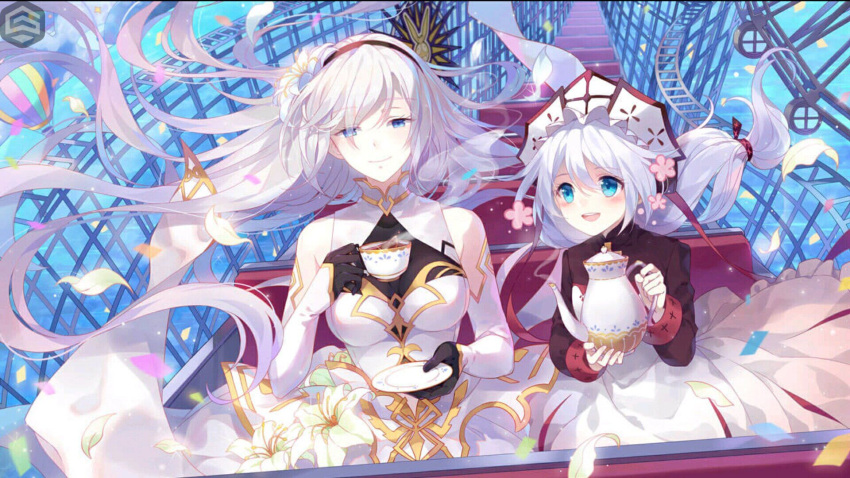 2girls aircraft artist_request bare_shoulders benghuai_xueyuan blue_eyes cecilia_schariac closed_mouth cup dress elbow_gloves ferris_wheel flower gloves hair_flower hair_ornament highres holding honkai_(series) honkai_impact_3rd hot_air_balloon long_hair long_sleeves looking_at_viewer multiple_girls nun official_art open_mouth riding roller_coaster sitting smile tea teacup theresa_apocalypse white_dress white_flower white_gloves white_hair