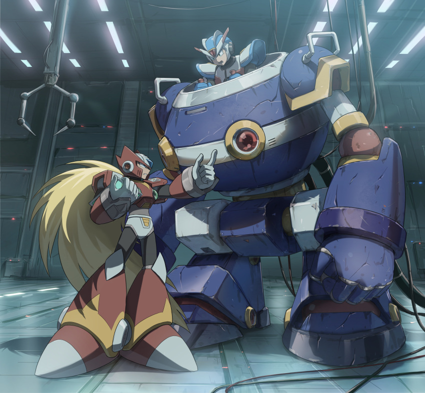 2boys absurdres android armor blonde_hair blue_eyes blue_headwear cable commentary_request crack eye_contact gloves green_eyes hands_up helmet highres hoshi_mikan indoors long_hair looking_at_another looking_down looking_up male_focus mega_man_(series) mega_man_x3 mega_man_x_(character) mega_man_x_(series) multiple_boys open_mouth parted_lips ponytail red_headwear ride_armor riding science_fiction standing teeth very_long_hair white_gloves zero_(mega_man)