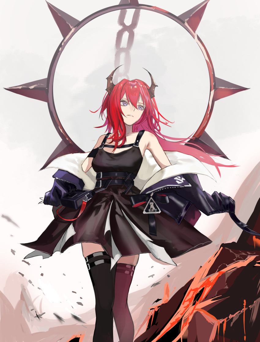 1girl absurdres arknights black_dress black_legwear chain collar demon_girl demon_horns dress feet_out_of_frame floating_hair highres horns jacket long_hair looking_to_the_side off_shoulder open_clothes open_jacket redhead rhodes_island_logo solo spiked_collar spikes surtr_(arknights) thigh-highs violet_eyes yaruyan
