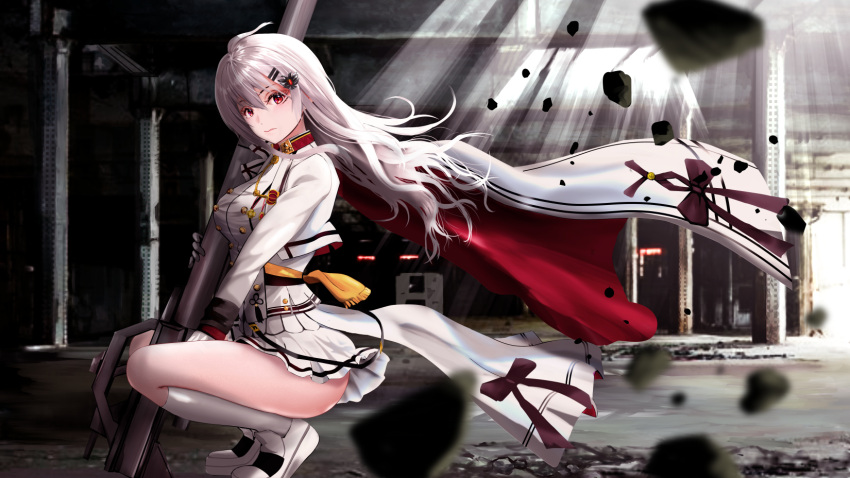 1girl bangs black_gloves breasts cloak closed_mouth eyebrows_visible_through_hair gibun_(sozoshu) girls_frontline gloves highres holding holding_weapon iws_2000_(girls_frontline) long_hair looking_at_viewer red_eyes ruins shoes silver_hair sitting skirt socks solo thighs uniform weapon white_cloak white_footwear white_legwear white_skirt