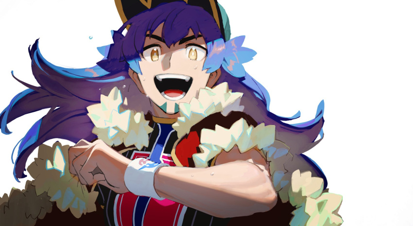 1boy :d bangs baseball_cap cape champion_uniform commentary_request facial_hair fur-trimmed_cape fur_trim hand_up hat highres leon_(pokemon) long_hair looking_at_viewer male_focus open_mouth pahyon pokemon pokemon_(game) pokemon_swsh purple_hair red_cape shield_print shirt short_sleeves simple_background smile solo sword_print teeth tongue upper_body white_background white_wristband yellow_eyes