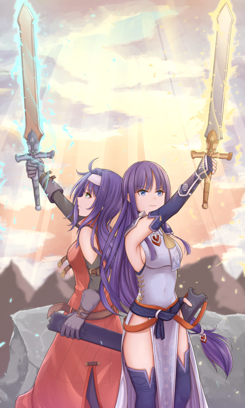 2girls absurdres alondite altina atorie back-to-back bare_shoulders blue_eyes blue_hair boots breasts clouds cloudy_sky coat dawn dress elbow_gloves fire_emblem fire_emblem:_radiant_dawn fire_emblem_heroes gloves glowing glowing_weapon gradient_sky green_eyes hairband highres holding holding_sword holding_weapon huge_filesize huge_weapon long_hair looking_up medium_breasts mia_(fire_emblem) morning multiple_girls official_alternate_costume outdoors pelvic_curtain purple_hair ragnell rock sheath sideboob sky sunlight sunrise sword thigh-highs thigh_boots weapon white_hairband