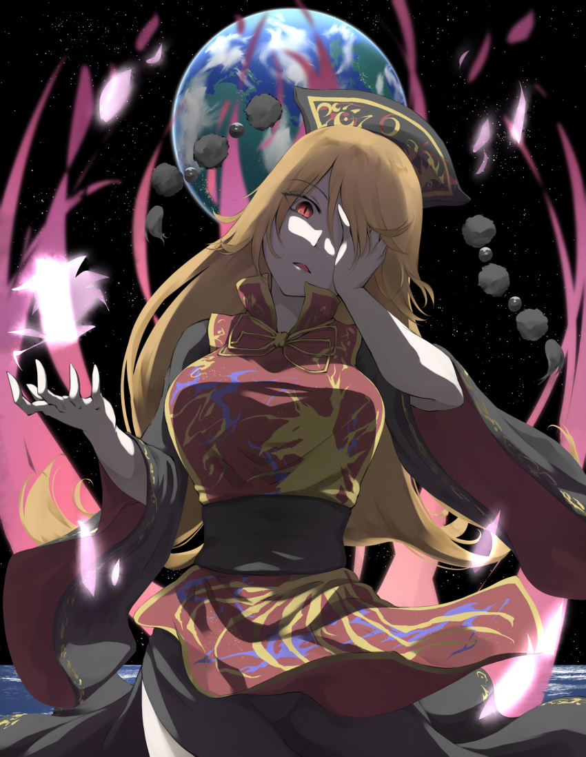 1girl arms_up bangs belt blonde_hair bow breasts chinese_clothes crescent dress earth_(planet) energy eyebrows_visible_through_hair eyes_visible_through_hair grey_belt grey_dress grey_headwear grey_sleeves hair_between_eyes hands_up hat highres junko_(touhou) large_breasts long_hair long_sleeves looking_at_viewer night night_sky ocean otomeza_ryuseigun planet pom_pom_(clothes) red_eyes red_vest shadow sky solo standing star_(sky) starry_sky touhou vest water wide_sleeves yellow_bow yellow_neckwear