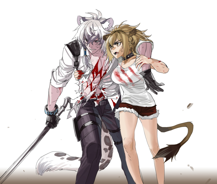 1boy 1girl abs animal_ears arknights bleeding blood bloody_clothes commentary_request gloves highres holding_another infection_monitor_(arknights) leopard_boy leopard_ears leopard_tail lion_ears lion_girl lion_hair lion_tail muscular pants shirt shorts siege_(arknights) silverash_(arknights) sword_cane tail torn_clothes torn_shirt yuyanshu13