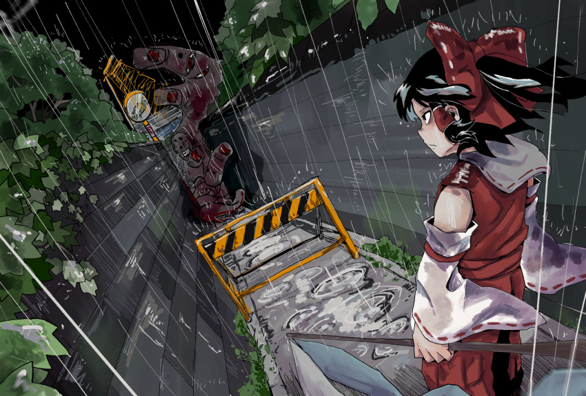 1girl arms_at_sides bare_shoulders black_eyes black_hair bow closed_mouth commentary_request detached_sleeves fisheye floating_hair gohei hair_bow hair_tubes hakurei_reimu highres holding inuyama_konan japanese_clothes looking_at_another medium_hair miko monster night nontraditional_miko outdoors puddle rain red_bow ribbon-trimmed_sleeves ribbon_trim ripples serious shirt sidelocks skirt skirt_set solo_focus touhou wall water wide_sleeves wind