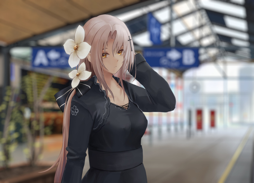 1girl absurdres aug_(girls_frontline) black_dress black_ribbon blonde_hair breasts closed_mouth cross_hair_ornament dress eyebrows_visible_through_hair flower girls_frontline hair_flower hair_ornament hand_on_head highres long_hair looking_at_viewer medium_breasts nighttsound ribbon simple_background solo yellow_eyes