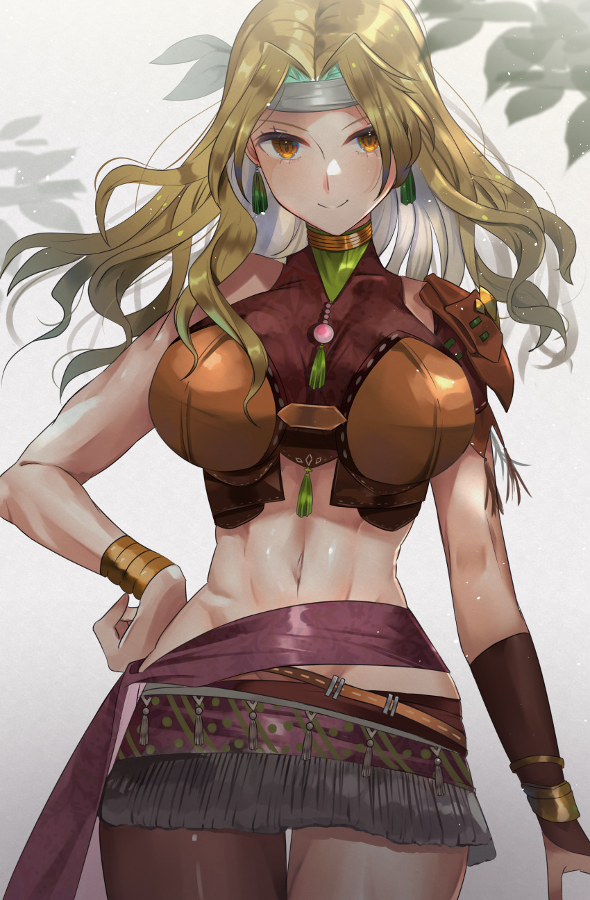 1girl abs absurdres armor blonde_hair bracelet breasts brigid_(fire_emblem) brown_eyes chil0107 cosplay earrings fire_emblem fire_emblem:_genealogy_of_the_holy_war hand_on_hip headband highres huge_filesize jewelry large_breasts looking_at_viewer midriff miniskirt navel necklace pantyhose petra_macneary petra_macneary_(cosplay) shoulder_armor simple_background skirt solo thighs