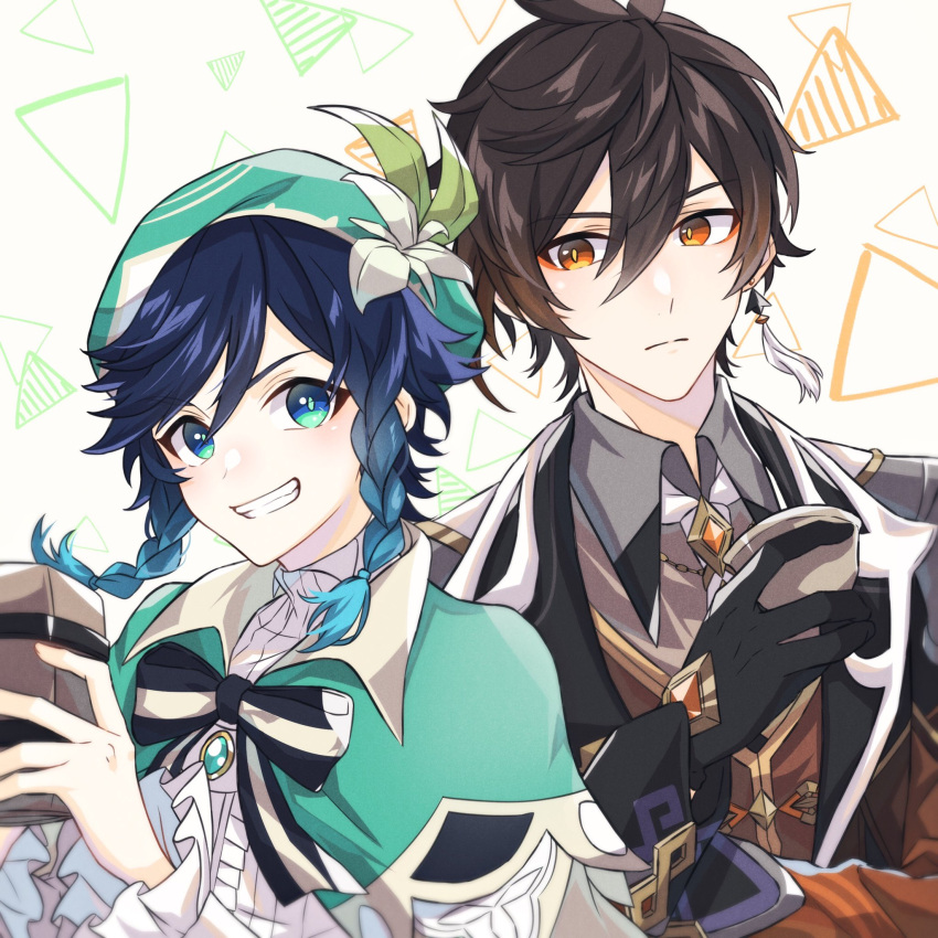 2boys androgynous bangs beer_mug beret black_gloves black_hair blue_hair bow braid brooch brown_hair closed_mouth collared_cape collared_shirt commentary commentary_request cup earrings eyebrows_visible_through_hair eyeliner eyeshadow flower formal frilled_sleeves frills gem genshin_impact gloves gradient_hair green_eyes green_headwear grin hair_between_eyes hat hat_flower highres holding holding_cup jacket jewelry leaf long_hair long_sleeves looking_at_another looking_at_viewer makeup male_focus mizuamememe mug multicolored_hair multiple_boys necktie open_mouth red_eyeshadow shirt short_hair_with_long_locks sidelocks simple_background single_earring smile suit symbol_commentary tassel tassel_earrings teeth triangle twin_braids venti_(genshin_impact) vest white_background white_flower white_shirt yellow_eyes zhongli_(genshin_impact)