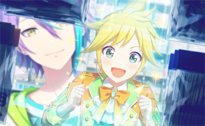 blonde_hair blue_eyes dress kagamine_len project_sekai short_hair smile