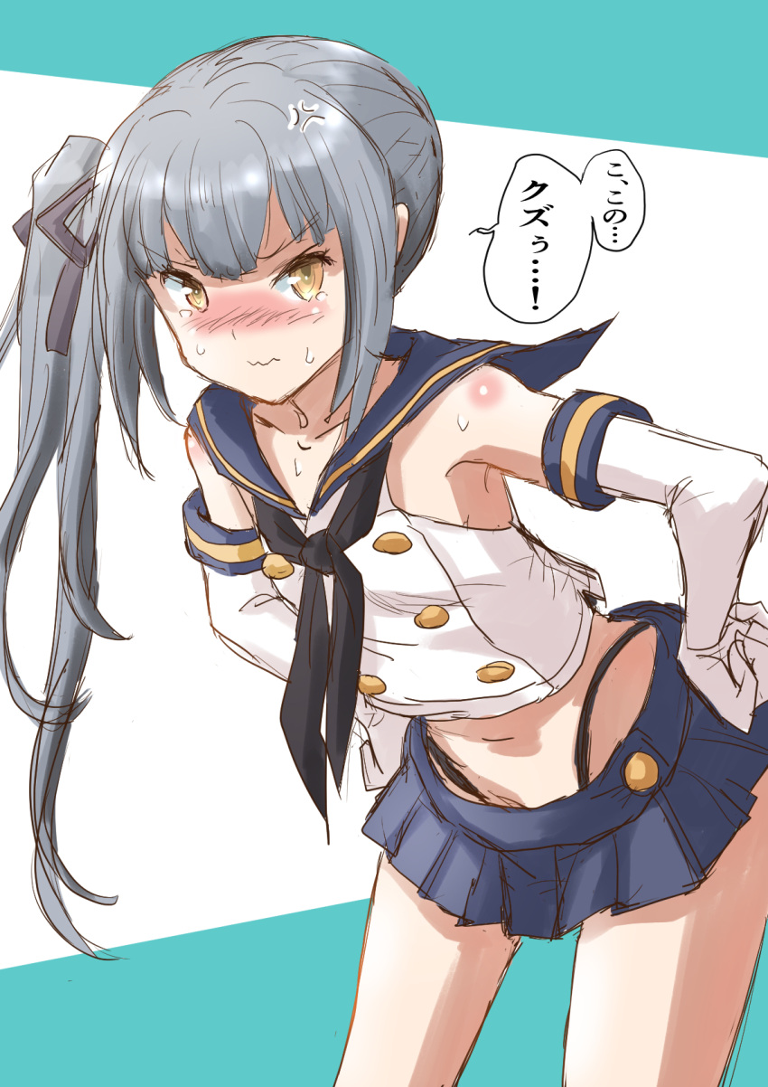 1girl anger_vein black_hairband black_neckwear black_panties blue_sailor_collar blush brown_eyes commentary_request cosplay cowboy_shot crop_top elbow_gloves fuji_(pixiv24804665) gloves grey_hair hairband highleg highleg_panties highres kantai_collection kasumi_(kancolle) leaning_forward long_hair looking_at_viewer microskirt miniskirt neckerchief nose_blush panties sailor_collar shimakaze_(kancolle) shimakaze_(kancolle)_(cosplay) side_ponytail skirt solo translation_request underwear white_gloves