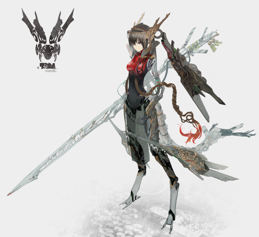1girl android arm_mounted_weapon bangs brown_hair digitigrade full_body headgear highres long_hair mechanical_arms mechanical_legs navel original pelvic_curtain polearm red_eyes solo standing tail toriseka weapon