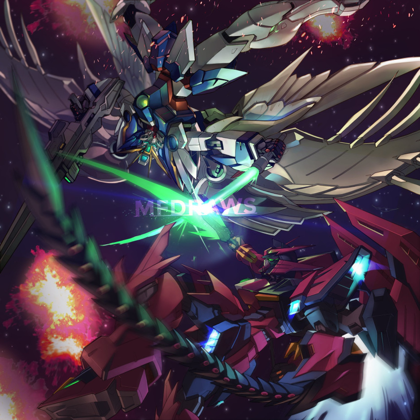 armor battle beam_rifle beam_saber brayanong999 buster_rifle clash energy_gun energy_sword feathers fighting glowing glowing_eyes green_eyes gundam gundam_epyon gundam_wing gundam_wing_endless_waltz highres holding holding_weapon mecha mechanical_wings no_humans sword v-fin weapon whip wing_gundam_zero_custom wings