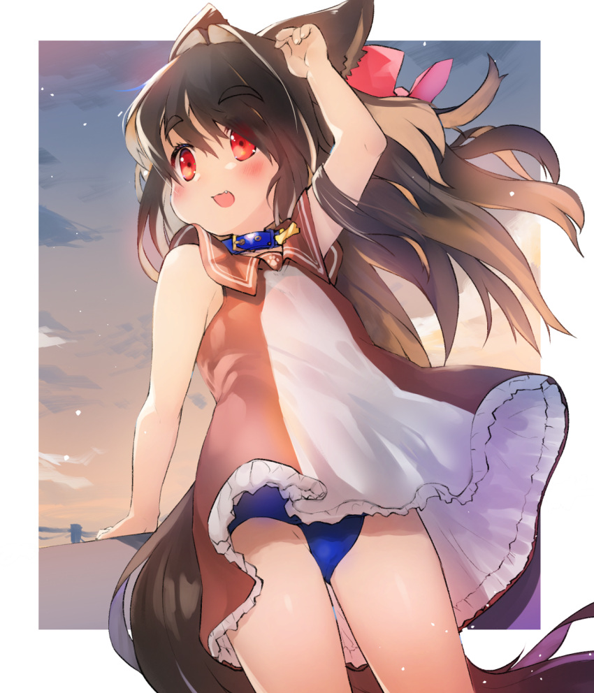 1girl animal_ears arm_up blue_swimsuit blush brown_dress brown_hair child clouds collar dog_ears dog_girl dog_tail dress fang hair_intakes highres kannagi_cocoa long_hair one-piece_swimsuit open_mouth original red_eyes ribbon school_swimsuit short_dress sky sleeveless sleeveless_dress smile solo swimsuit swimsuit_under_clothes tail thighs toba_hiyoko two-tone_dress white_dress wind wind_lift