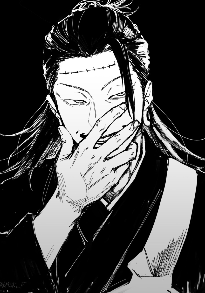 1boy bangs covering_mouth ear_piercing getou_suguru greyscale grin hair_pulled_back hand_over_own_mouth hand_up highres japanese_clothes jujutsu_kaisen kimono kmskc_f long_hair long_sleeves looking_away male_focus monochrome piercing simple_background sketch smile solo stitches tsurime