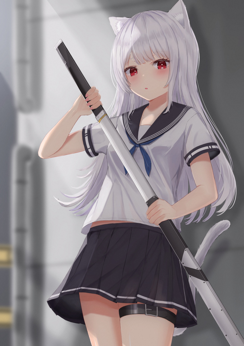 1girl :o absurdres animal_ears bangs blue_bow blunt_bangs blush bow breasts cat_ears cat_tail commentary_request eyebrows_visible_through_hair grey_hair highres holding holding_sword holding_weapon katana long_hair looking_at_viewer miniskirt original red_eyes school_uniform sheath shirt short_sleeves sidelocks silver_hair skirt small_breasts solo standing sword tail tail_raised tanshio thigh-highs thigh_strap thighs uniform weapon white_hair white_shirt zettai_ryouiki