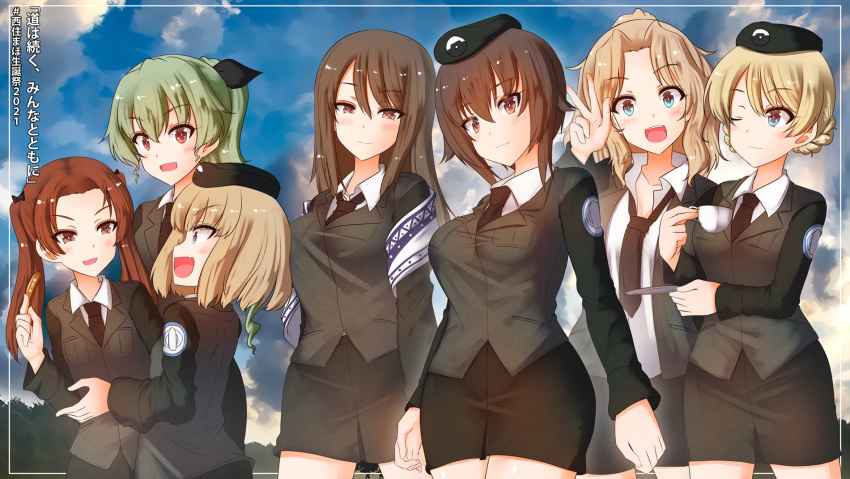 6+girls anchovy_(girls_und_panzer) aquaegg blonde_hair blue_eyes blush bow breasts brown_eyes brown_hair closed_mouth cup darjeeling_(girls_und_panzer) eyebrows_visible_through_hair girls_und_panzer green_hair hair_bow hair_ornament hair_ribbon hat highres kadotani_anzu katyusha_(girls_und_panzer) kay_(girls_und_panzer) large_breasts long_hair looking_at_another looking_at_viewer mika_(girls_und_panzer) military military_hat military_uniform multiple_girls nishizumi_maho one_eye_closed open_mouth outdoors ponytail red_eyes ribbon selection_university_military_uniform shiny shiny_hair short_hair small_breasts smile teacup twintails uniform v