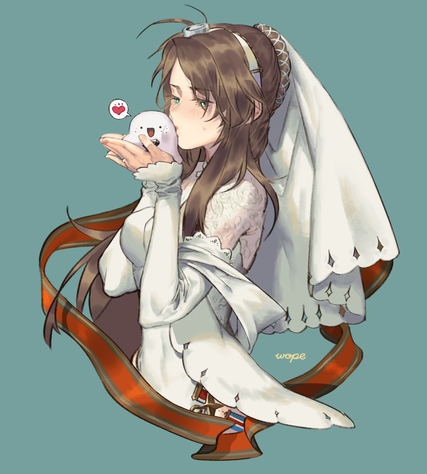 1girl absurdres artist_name blush breasts bridal_veil brown_hair commentary dress english_commentary eyebrows_visible_through_hair girls_frontline green_eyes hairband heart highres jewelry kiss lee-enfield_(girls_frontline) long_hair long_sleeves medium_breasts mixed-language_commentary official_alternate_costume ring sidelocks simple_background spoken_heart upper_body veil wedding_band wedding_dress white_dress wope