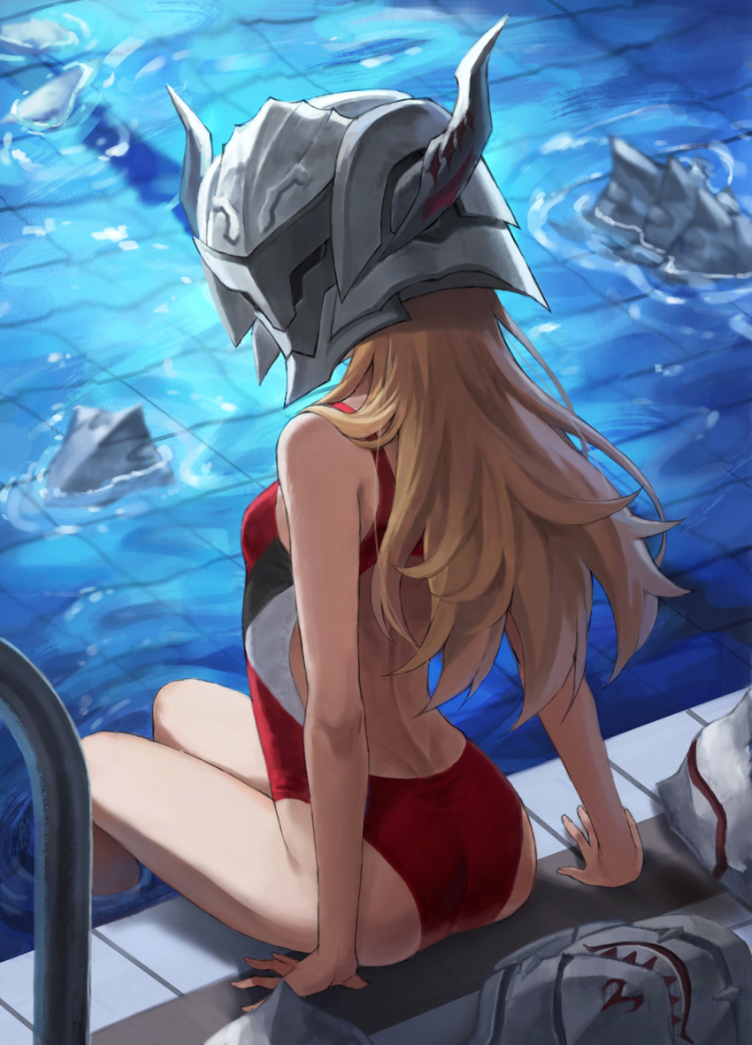 1girl ass blonde_hair breasts commentary_request competition_swimsuit fate/apocrypha fate_(series) female_only from_behind helmet highres long_hair looking_at_viewer looking_back mordred_(fate) mordred_(fate)_(all) no_panties one-piece_swimsuit poolside red_swimsuit revision sitting small_breasts solo swimsuit tonee water