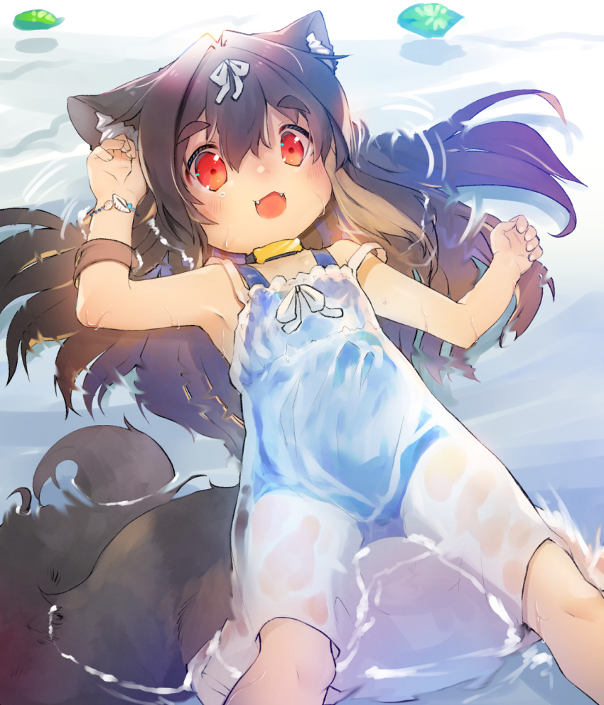 1girl animal_ear_fluff animal_ears arm_up armpits blue_swimsuit brown_hair child collar dog_ears dog_girl dog_tail dress fangs hair_intakes highres kannagi_cocoa long_hair open_mouth original red_eyes ribbon school_swimsuit see-through smile solo strap_slip sundress swimsuit swimsuit_under_clothes tail toba_hiyoko water wet wet_clothes wet_dress white_dress