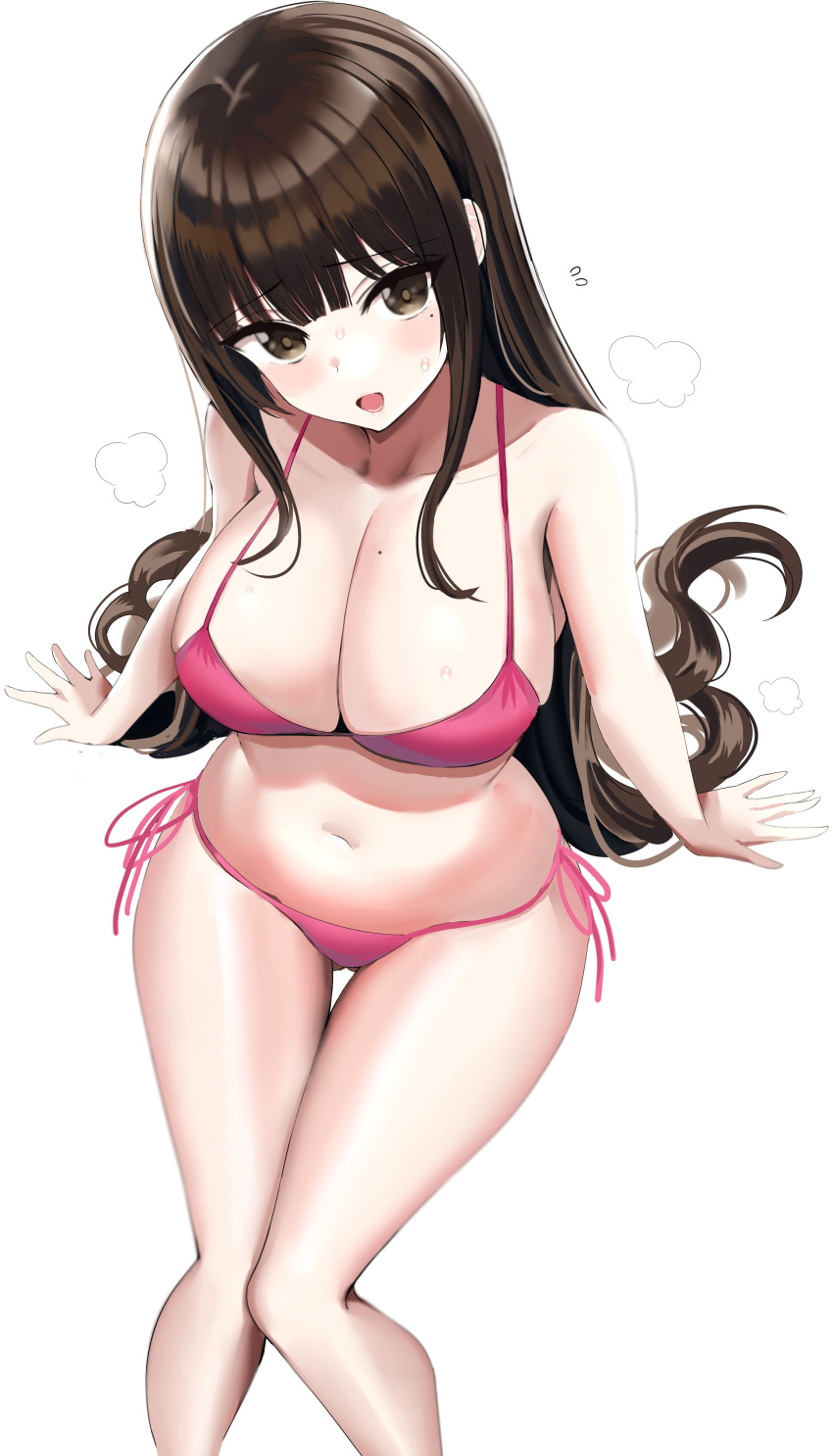 1girl absurdres bare_shoulders bikini breasts brown_eyes brown_hair commentary hanasaka_houcha highres large_breasts long_hair looking_at_viewer looking_up mole mole_on_breast mole_under_eye navel open_mouth original pink_bikini simple_background sitting smile solo swimsuit thigh_gap thighs white_background
