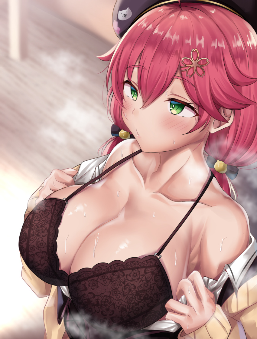 35p_(sakura_miko) alternate_costume alternate_hairstyle bare_shoulders black_bra blush bra breasts breath cherry_blossom_print clothes_pull collarbone eyebrows_visible_through_hair floral_print green_eyes hair_ornament hairclip hat highres hololive huge_breasts nipples official_alternate_costume pink_hair pulled_by_self sakura_miko shiki_(catbox230123) shirt_pull strap_gap sweat underwear undressing virtual_youtuber