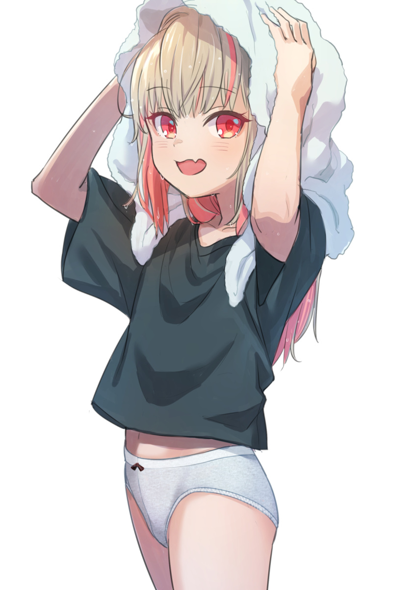 1girl black_shirt bow bow_panties child cowboy_shot drying drying_hair eyebrows_visible_through_hair fang grey_hair grey_panties hair_down hands_on_own_head hands_up highres loli long_hair looking_at_viewer makaino_ririmu multicolored_hair navel nijisanji open_mouth panties pink_hair red_eyes sabamen shirt simple_background skin_fang smile solo streaked_hair t-shirt thighs towel two-tone_hair underwear virtual_youtuber wet wet_hair white_background