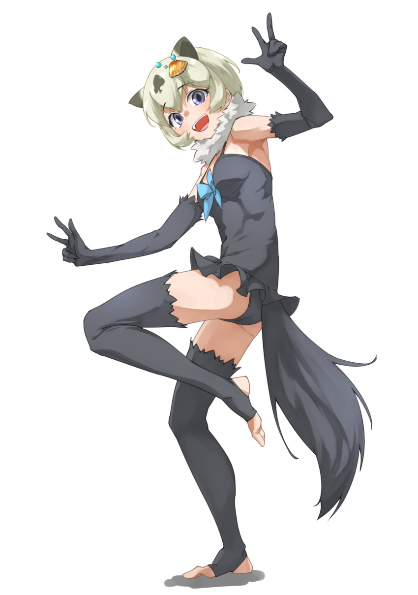 1girl absurdres animal_ears black_gloves black_hair black_legwear black_swimsuit blue_eyes blue_neckwear blush bow bowtie californian_sea_otter_(kemono_friends) commentary_request elbow_gloves extra_ears eyebrows_visible_through_hair full_body fur_collar gloves hair_ornament highres kemono_friends looking_at_viewer multicolored_hair no_shoes one-piece_swimsuit open_mouth otter_ears otter_girl otter_tail shell_hair_ornament short_hair smile solo spade_hair_ornament spaghetti_strap standing standing_on_one_leg swimsuit tail tanabe_(fueisei) thigh-highs toeless_legwear two-tone_hair white_fur white_hair zettai_ryouiki