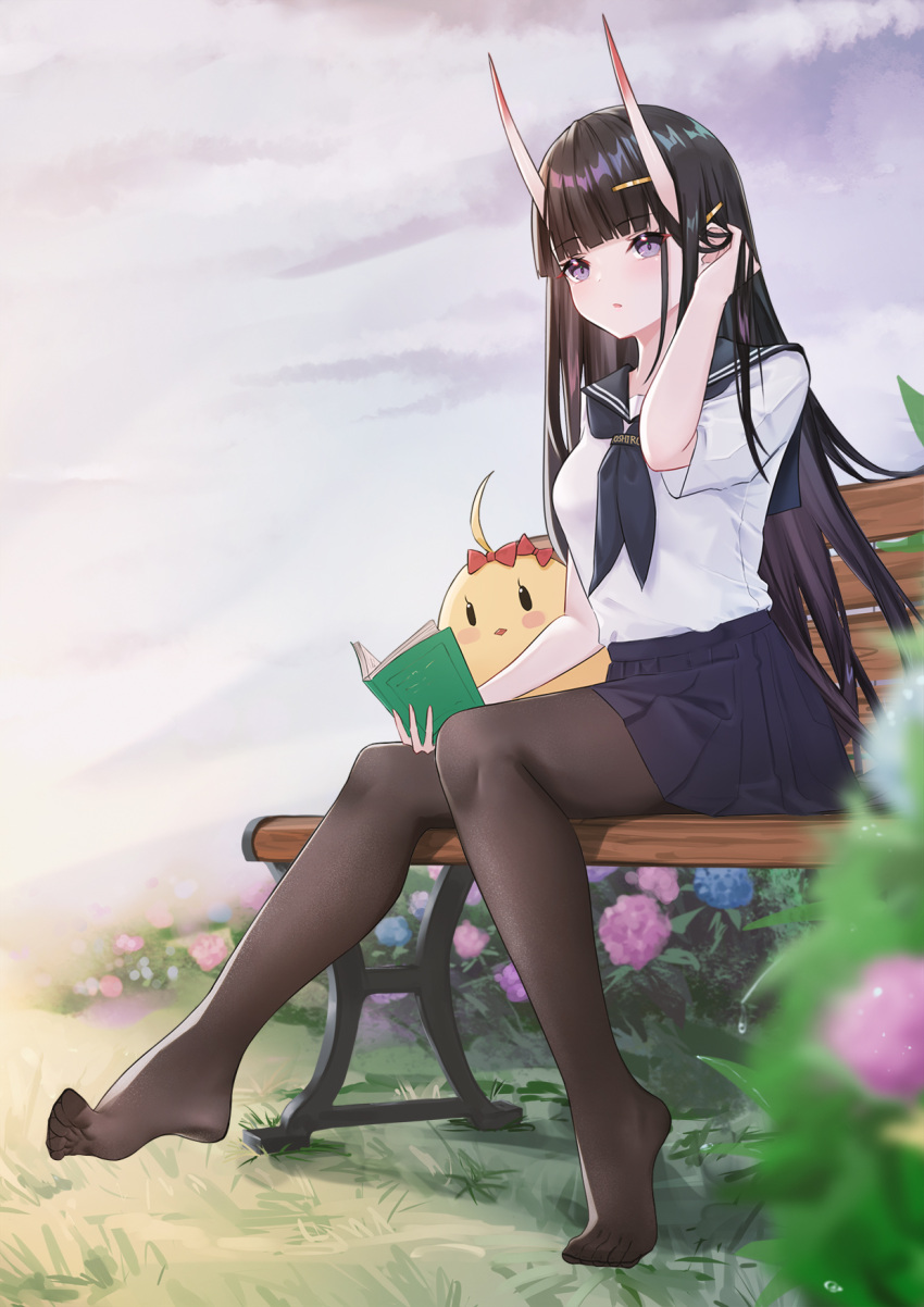 1girl azur_lane bangs black_hair black_legwear blue_flower blue_neckwear blue_sailor_collar blue_skirt blunt_bangs blurry blurry_foreground book bow breasts commentary_request depth_of_field eyebrows_visible_through_hair feet flower full_body grass hair_ornament hand_in_hair hand_up highres holding holding_book horns hydrangea lim_(ramu) long_hair looking_at_viewer manjuu_(azur_lane) medium_breasts miniskirt neckerchief no_shoes noshiro_(azur_lane) on_bench oni oni_horns open_book outdoors pantyhose parted_lips pleated_skirt purple_flower red_bow sailor_collar shirt short_sleeves sitting skirt solo very_long_hair violet_eyes white_shirt