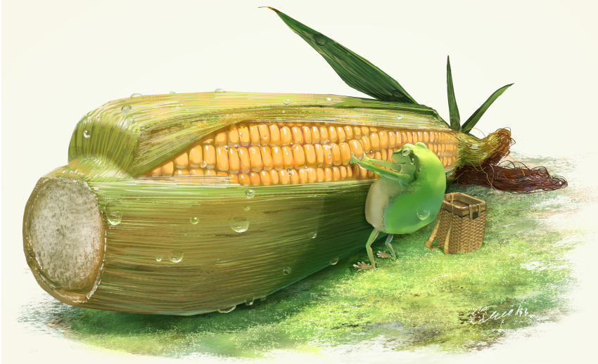 animal animal_focus backpack backpack_removed bag basket corn food foreshortening frog grass green_eyes grey_background hachiya_shohei highres no_humans original pulling simple_background size_difference standing water_drop wet wide_shot