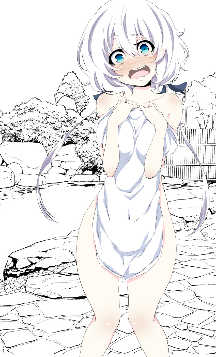 1girl absurdres blue_eyes blush clothes_in_front commentary_request covering hair_ribbon highres holding holding_towel konno_junko long_hair looking_at_viewer low_twintails ma-yu naked_towel nude_cover onsen open_mouth outdoors ribbon solo standing surprised towel twintails white_hair white_towel zombie_land_saga
