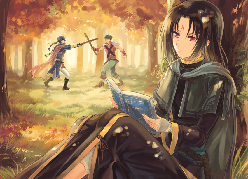 3boys akr369akr armor autumn black_dress black_hair blue_hair book boyd_(fire_emblem) cape day dress facial_mark fire_emblem fire_emblem:_path_of_radiance forest green_hair green_pants headband holding holding_stick ike_(fire_emblem) long_hair long_sleeves male_focus multiple_boys nature orange_shirt outdoors pants reading red_eyes shiny shiny_hair shirt short_hair shoulder_armor soren_(fire_emblem) stick very_long_hair white_pants